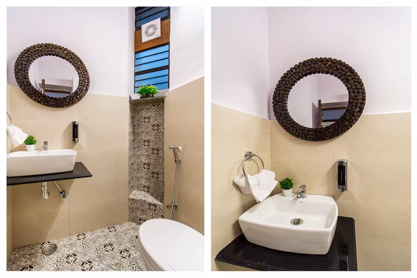 Bathroom with patterned tiles, vanity basin and round mirror at Polaris Art Terrace, Jaipur