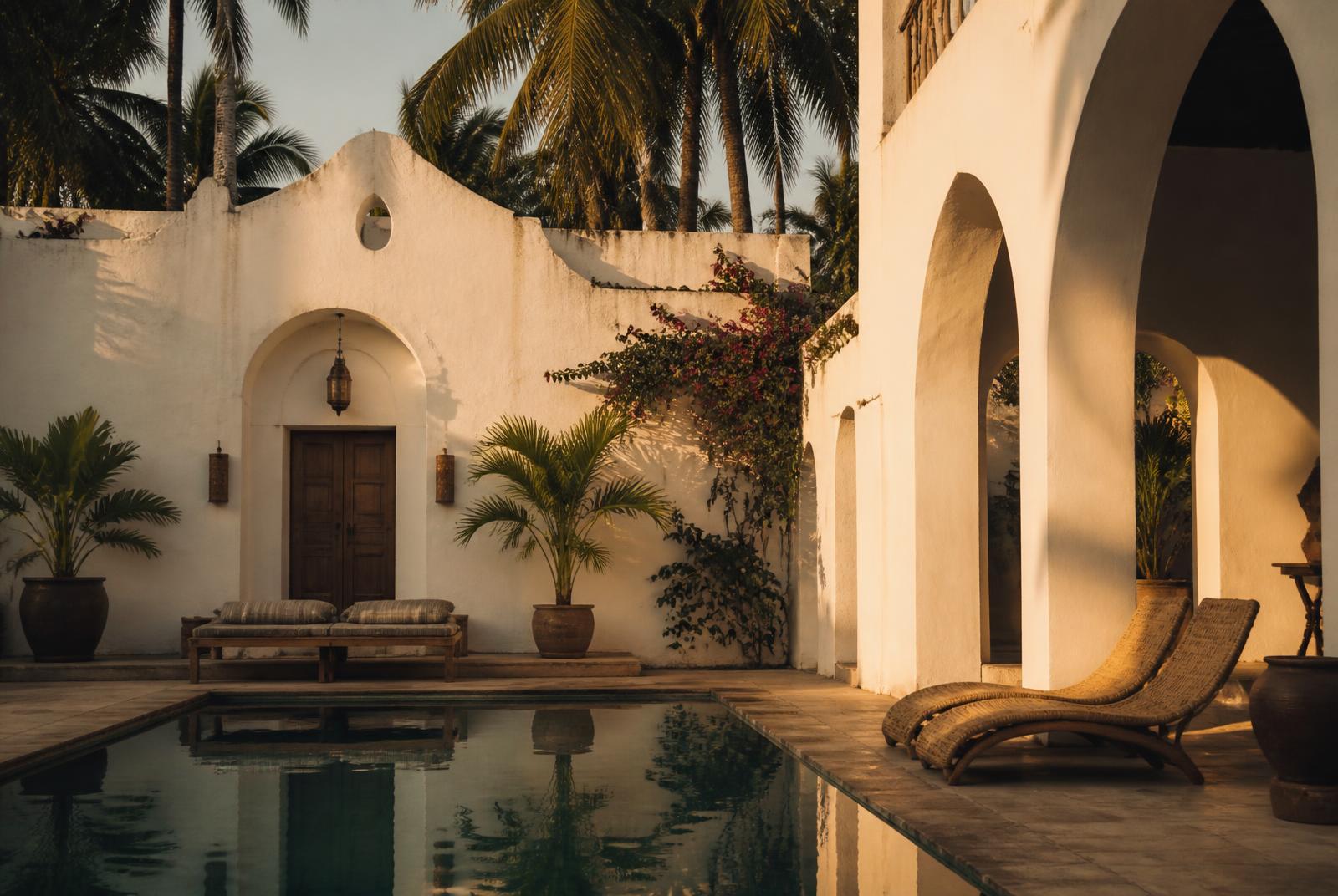 Courtyard of a luxury boutique villa in Goa with palms and a plunge pool at dusk